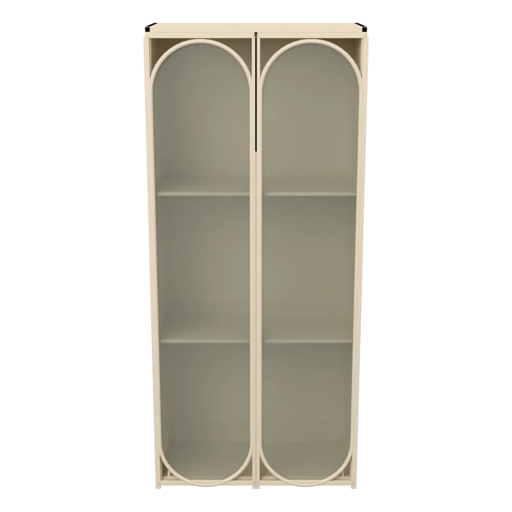 Lima Highboard aus Stahl mit gerundeten Glastüren, 180 cm hoch – Beige, 3D-Ansicht