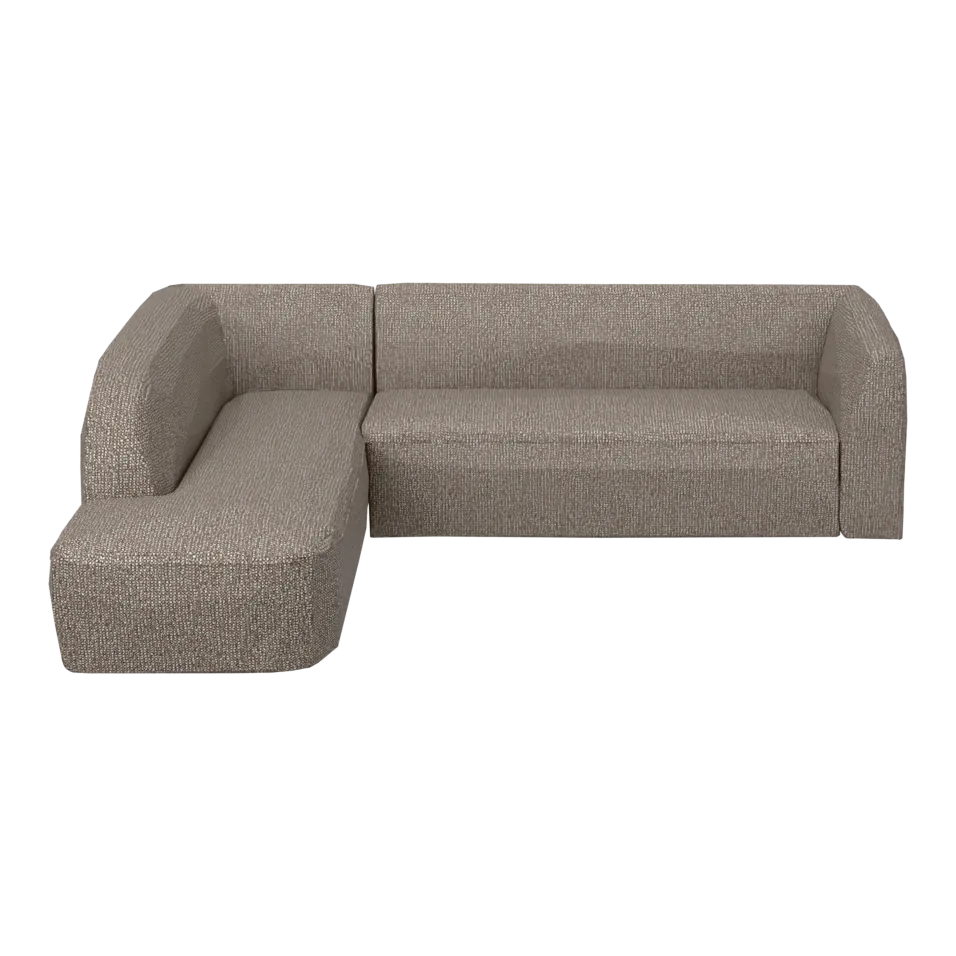 Sloping Ecksofa mit abgerundeter Form – Hellbraun melange, Melangegewebe, links, 3D-Ansicht
