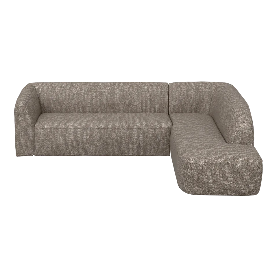 Sloping Ecksofa mit abgerundeter Form – Hellbraun melange, Melangegewebe, rechts, 3D-Ansicht
