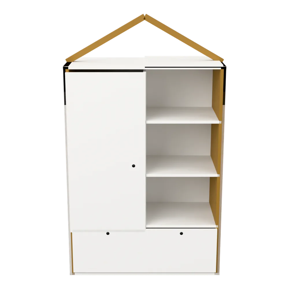 Kleiderschrank in Hausform, weiß/natur, 3D-Ansicht