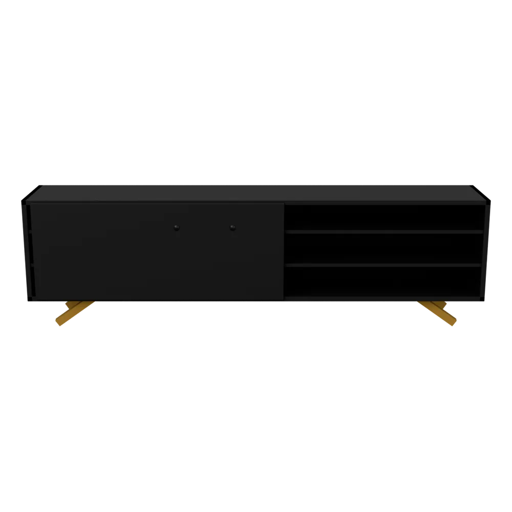 Lowboard, schwarz mit Beinen aus Pinienholz, 185 × 33,5 × 53,5 cm, 3D-Ansicht