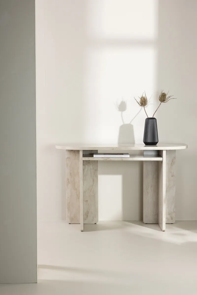 Ålesund rechteckiger Beistelltisch in Marmoroptik mit Ablage in 120 × 40 cm, im Wohnraum, Ansicht 1