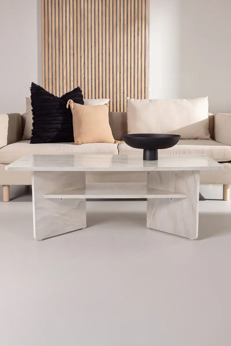 Ålesund rechteckiger Beistelltisch in Marmoroptik mit Ablage in 120 × 60 × 42 cm, im Wohnraum, Ansicht 1