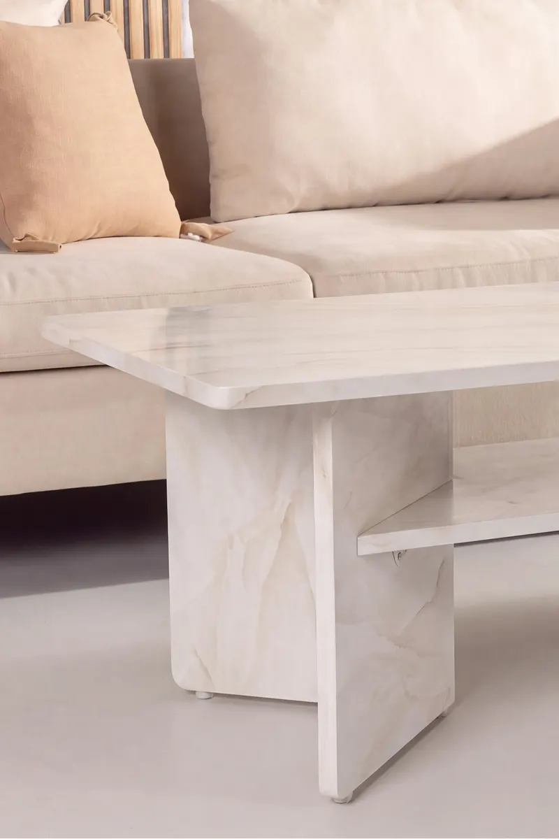 Ålesund rechteckiger Beistelltisch in Marmoroptik mit Ablage in 120 × 60 × 42 cm, im Wohnraum, Ansicht 2