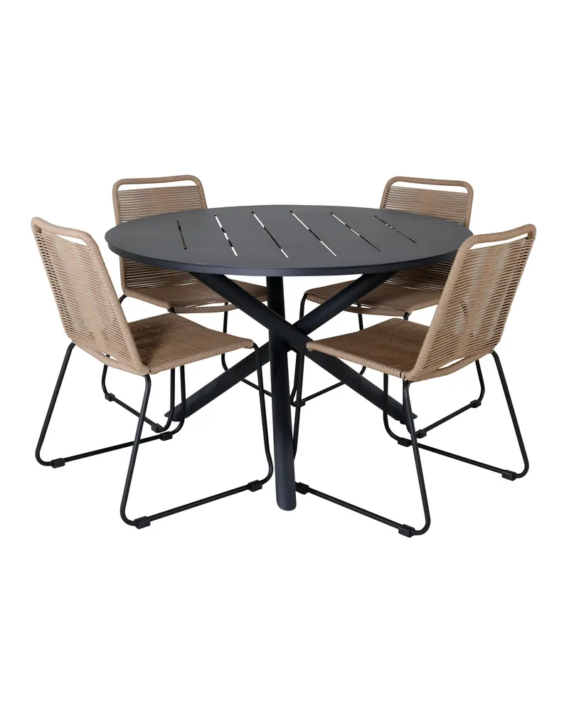 Alma & Lindos Gartenmöbel-Set rund Ø 120 cm, 4 stapelbare Seilstühle