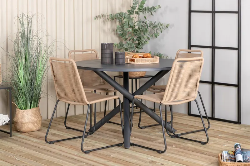Alma & Lindos Gartenmöbel-Set rund mit 4 Stühlen in Braun, Gestell Schwarz, im Wohnraum, Ansicht 1