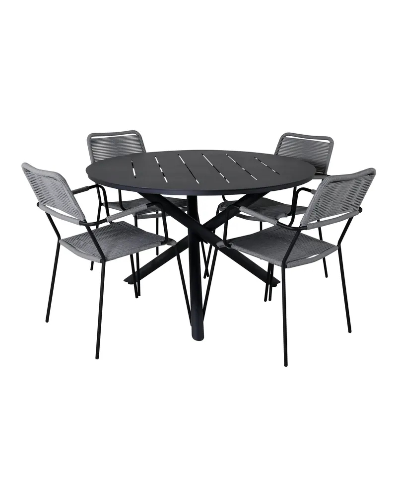 Alma & Lindos Gartenmöbel-Set rund Ø 120 cm, 4 stapelbare Seilstühle, Schwarz, Grau