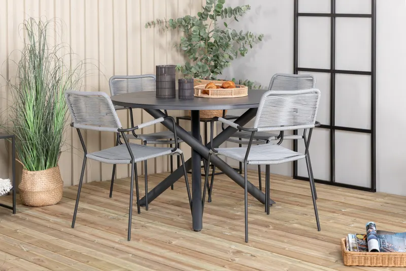 Alma & Lindos Gartenmöbel-Set rund mit 4 Stühlen in Grau, Gestell Schwarz, im Wohnraum, Ansicht 1