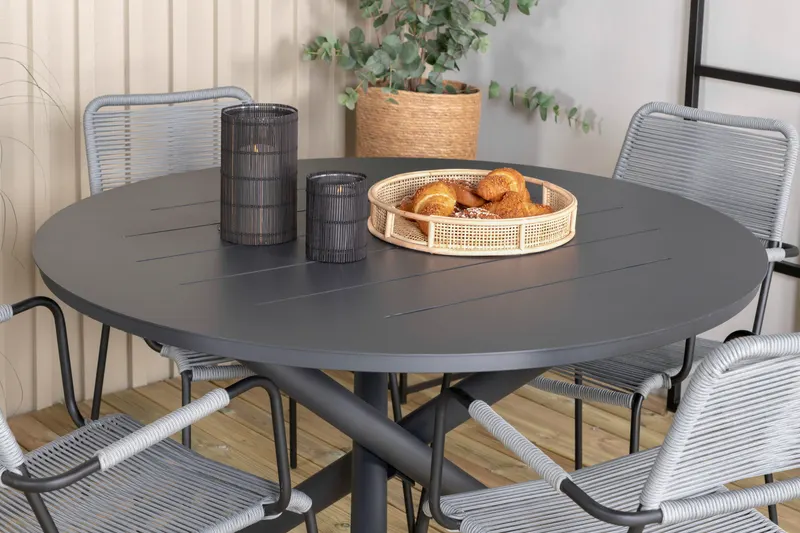 Alma & Lindos Gartenmöbel-Set rund mit 4 Stühlen in Grau, Gestell Schwarz, im Wohnraum, Ansicht 3