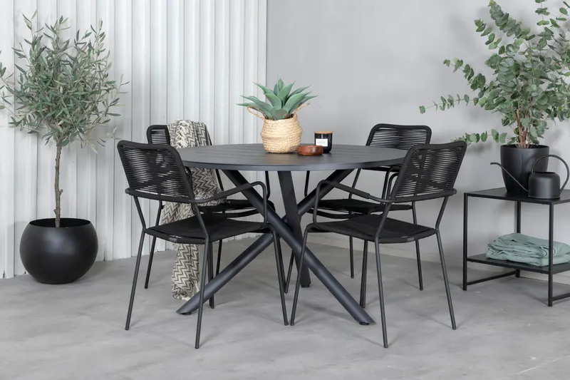 Alma & Lindos Gartenmöbel-Set rund mit 4 Stühlen in Schwarz, im Wohnraum, Ansicht 1