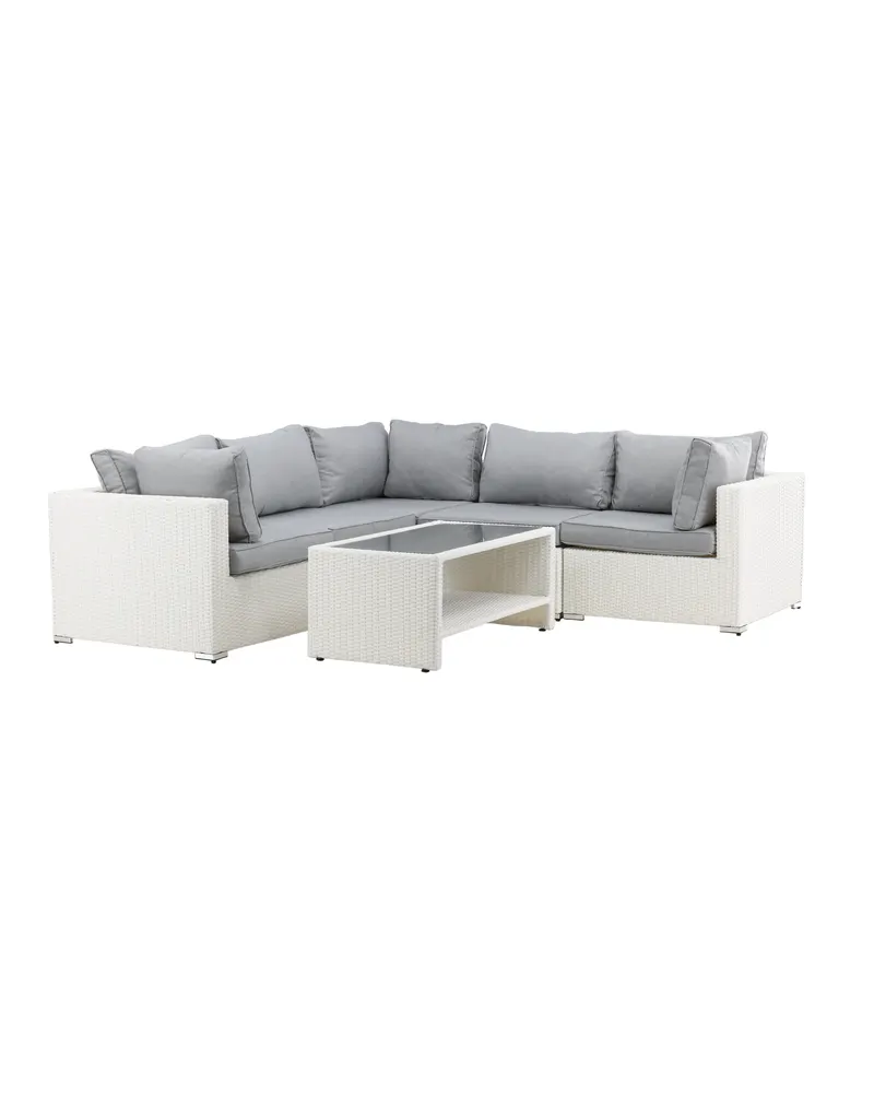 Amazon Gartenlounge mit Ecksofa und Glastisch in Table: H:46 L:110 W:60 Sofa: D:87 H:65 W:249 × 249 cm, Weiß, Ansicht 10