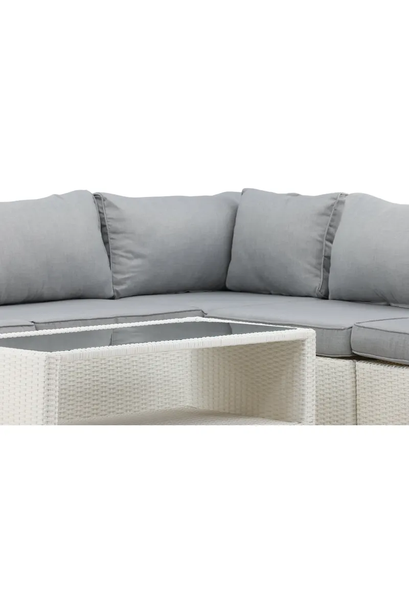 Amazon Gartenlounge mit Ecksofa und Glastisch in Table: H:46 L:110 W:60 Sofa: D:87 H:65 W:249 × 249 cm, Weiß, Ansicht 11