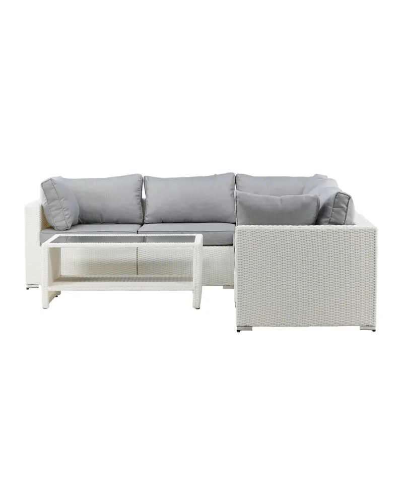 Amazon Gartenlounge mit Ecksofa und Glastisch in Table: H:46 L:110 W:60 Sofa: D:87 H:65 W:249 × 249 cm, Weiß, Ansicht 2