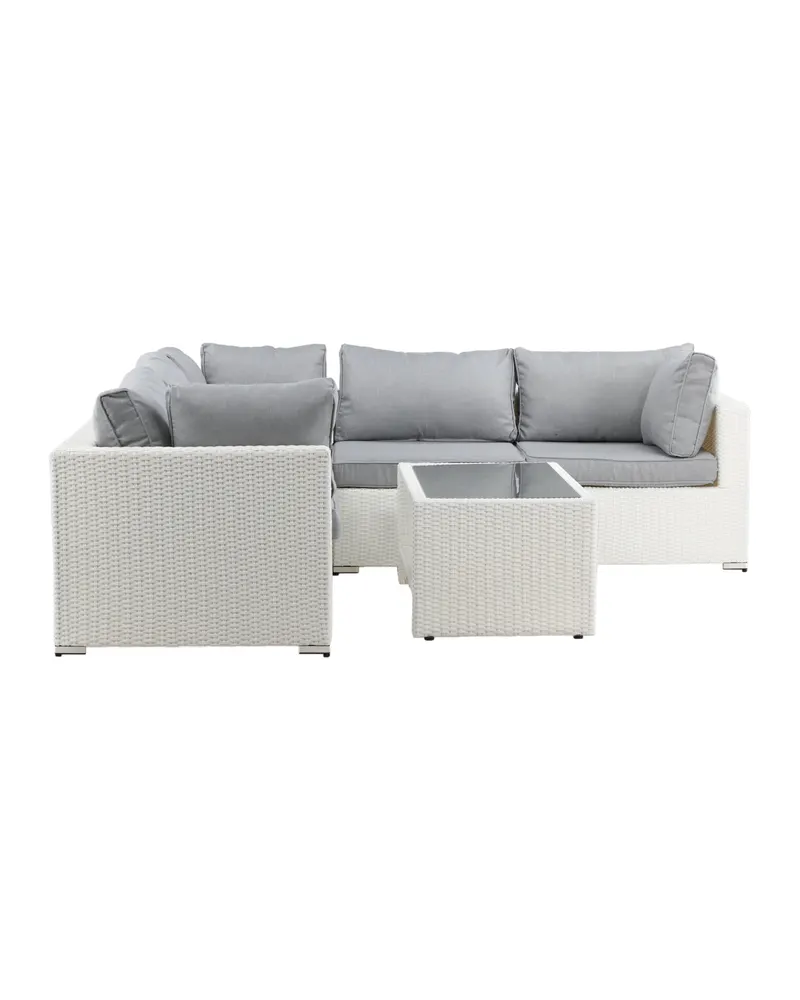 Amazon Gartenlounge mit Ecksofa und Glastisch in Table: H:46 L:110 W:60 Sofa: D:87 H:65 W:249 × 249 cm, Weiß, Ansicht 3