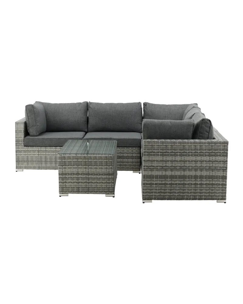 Amazon Gartenlounge mit Ecksofa und Glastisch in Table: H:46 L:110 W:60 Sofa: D:75 H:65 W:249 × 249 cm, Grau, Ansicht 2