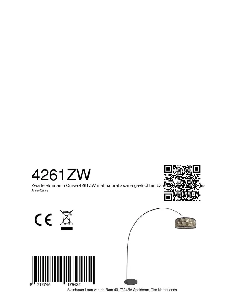 Anne-Curve Bogenlampe mit Bambusschirm und E27-Fassung in Schwarz, Ansicht 17