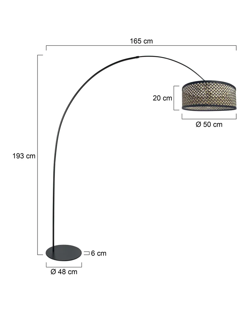 Anne-Curve Bogenlampe mit Bambusschirm und E27-Fassung in Schwarz, Ansicht 2