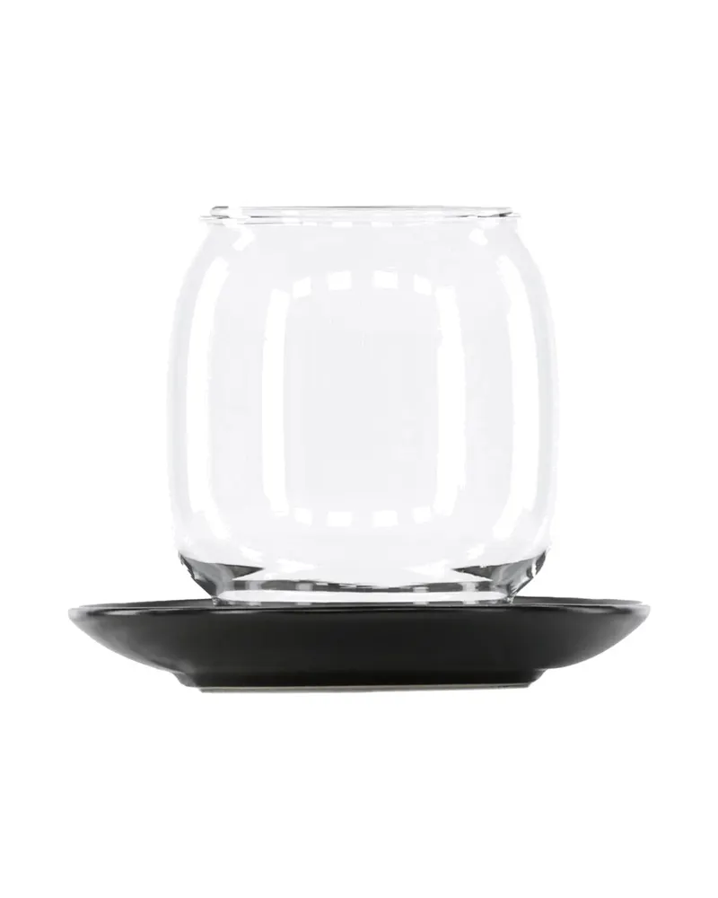 Archy Windlicht: bauchiges Glas auf Steinzeugteller, Beige