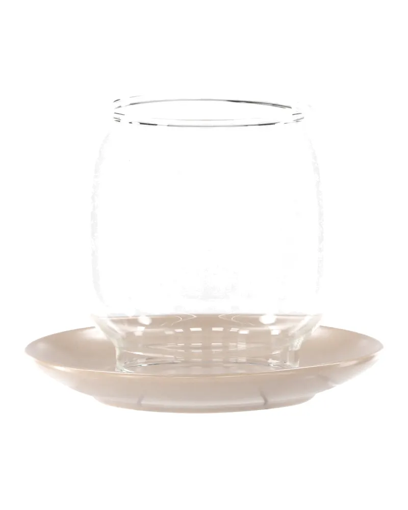 Archy Windlicht mit bauchigem Glas auf Steinzeugteller in Beige, Ansicht 1