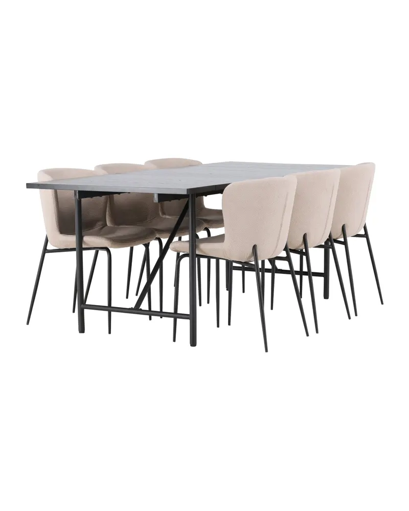 Astrid & Modesto Essgruppe mit rechteckigem Esstisch und 6 Bouclé-Stühlen in Beige, Gestell Schwarz, Ansicht 1