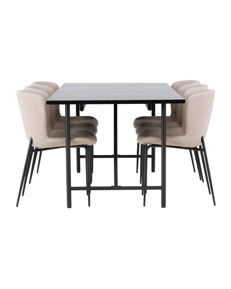 Astrid & Modesto Essgruppe mit rechteckigem Esstisch und 6 Bouclé-Stühlen in Beige, Gestell Schwarz, Ansicht 3