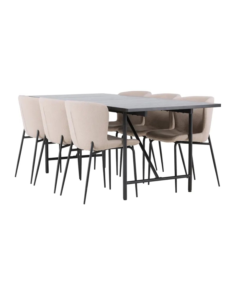 Astrid & Modesto Essgruppe mit rechteckigem Esstisch und 6 Bouclé-Stühlen in Beige, Gestell Schwarz, Ansicht 4