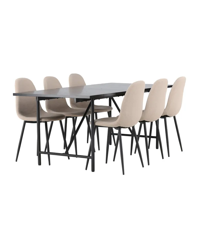 Astrid & Polar Essgruppe mit rechteckigem Esstisch und 6 Polsterstühlen in Beige, Gestell Schwarz, Ansicht 1