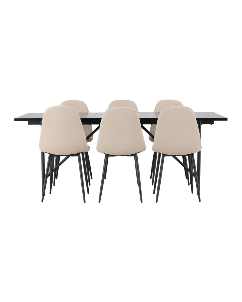 Astrid & Polar Essgruppe mit rechteckigem Esstisch und 6 Polsterstühlen in Beige, Gestell Schwarz, Ansicht 3
