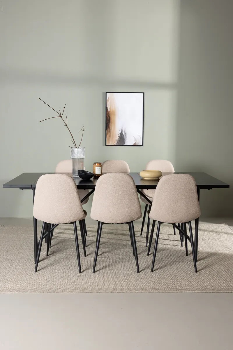 Astrid & Polar Essgruppe mit rechteckigem Esstisch und 6 Polsterstühlen in Beige, Gestell Schwarz, im Wohnraum, Ansicht 1
