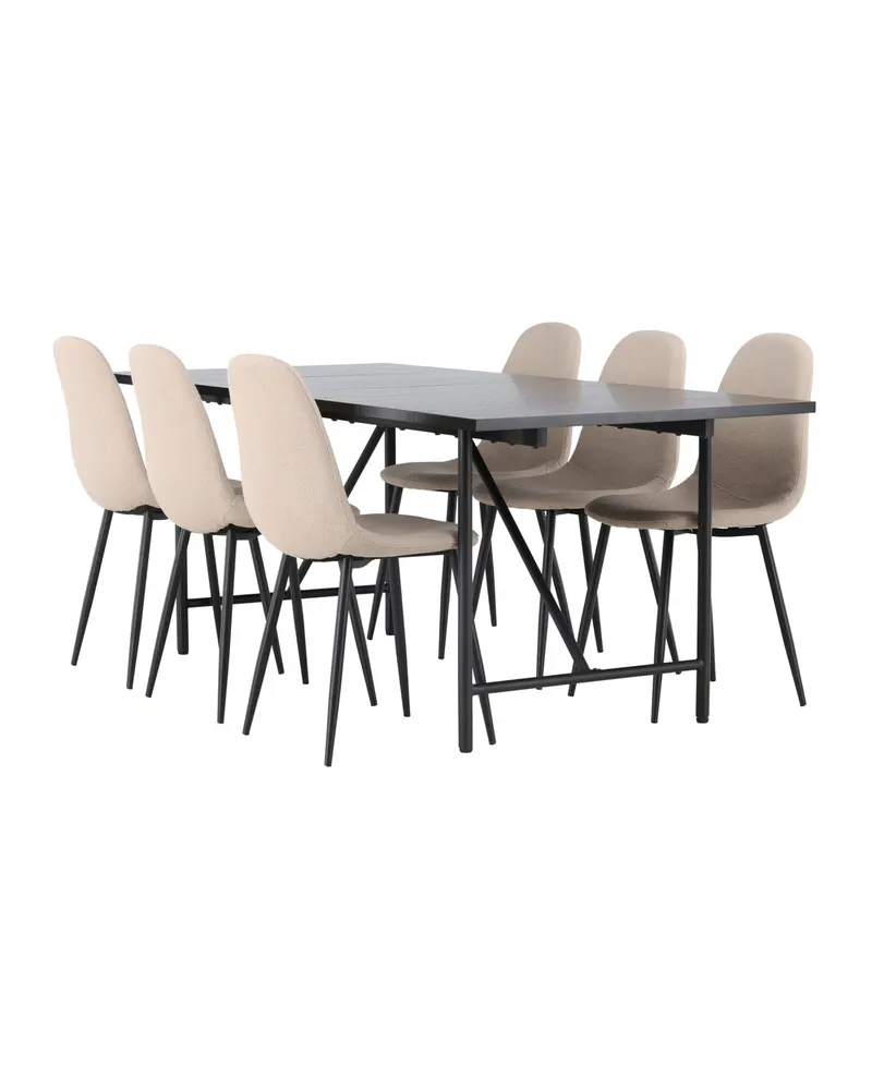 Astrid & Polar Essgruppe mit rechteckigem Esstisch und 6 Polsterstühlen in Beige, Gestell Schwarz, Ansicht 4