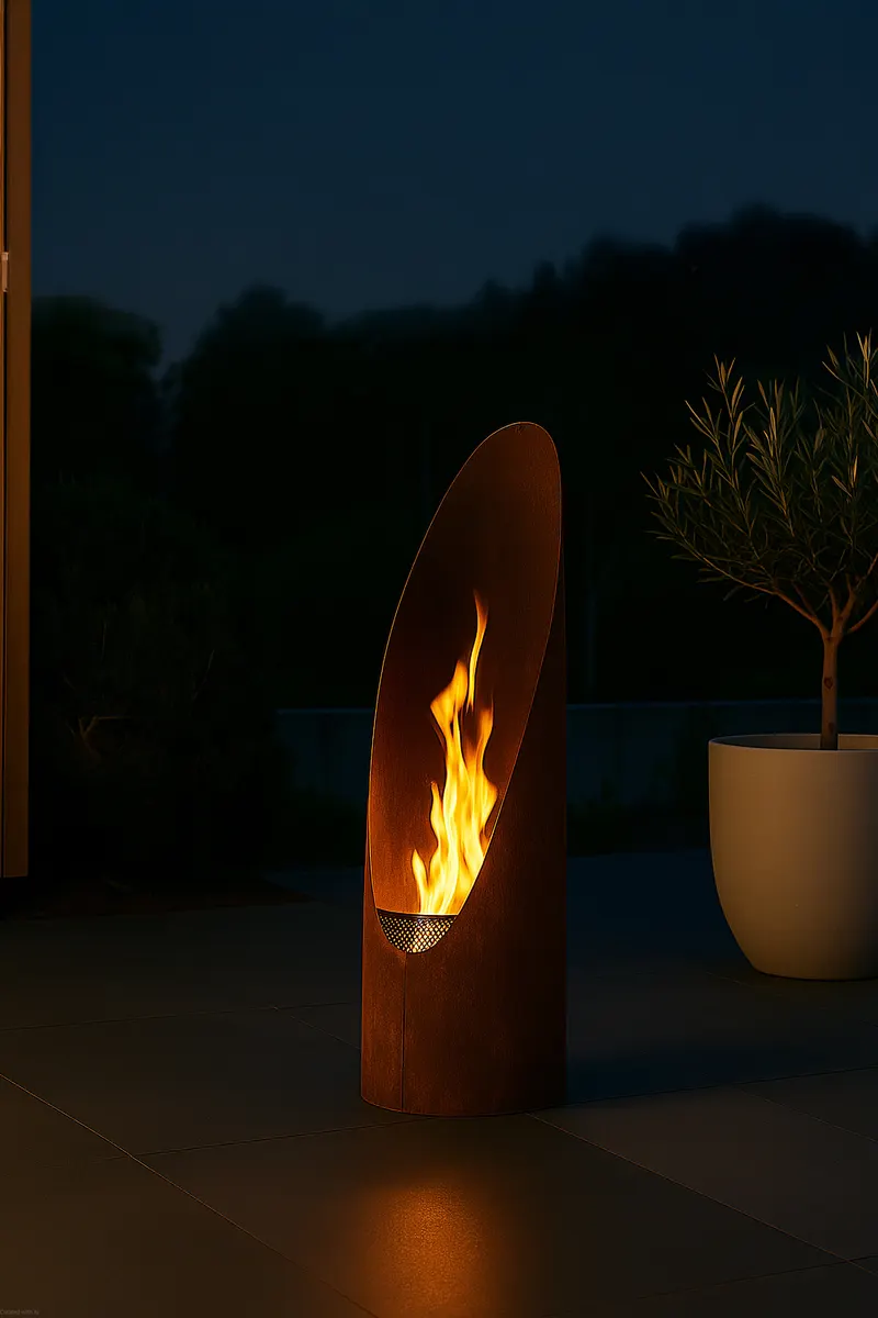 Bastian Feuersäule rund aus Stahl in Ø 37 cm, Rostorange, im Wohnraum