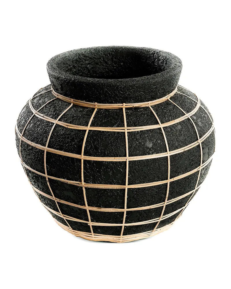 The Belly Vase, Terrakotta-Rattan-Vase von Bazar Bizar, Größe L, Natur / Schwarz, Ansicht 1