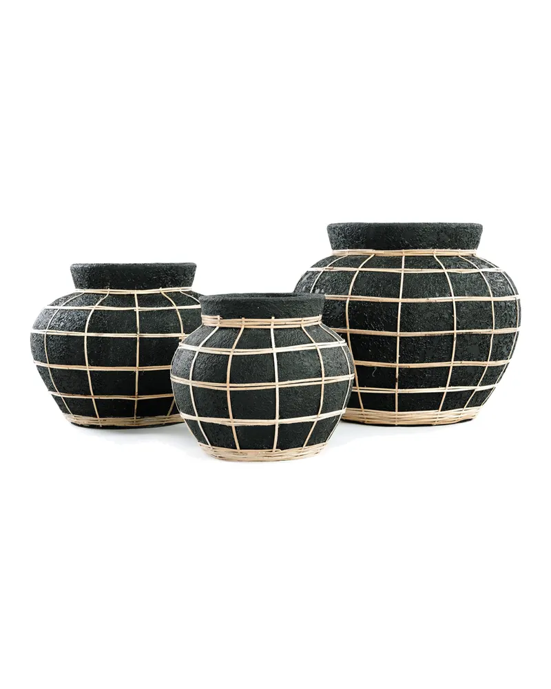 The Belly Vase, Terrakotta-Rattan-Vase von Bazar Bizar, Größe M, Schwarz / Natur, Ansicht 5