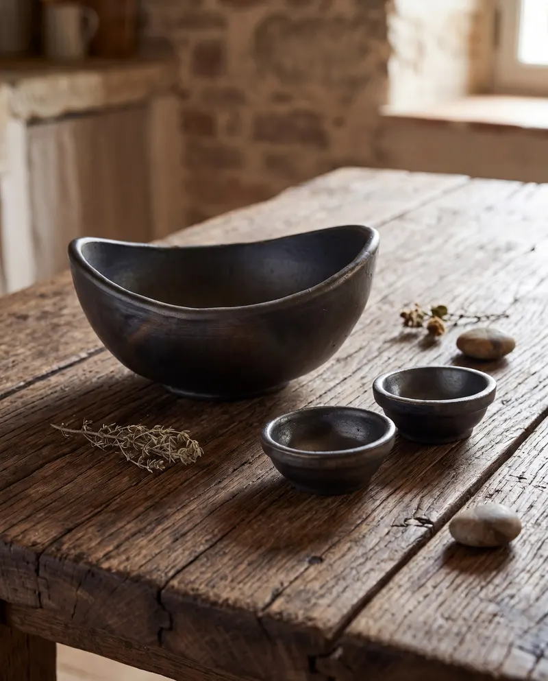 The Burned Curved Bowls Terrakotta-Schalen in Schwarz von Bazar Bizar, Größe 16 × 14 × 8 cm, Ansicht 3