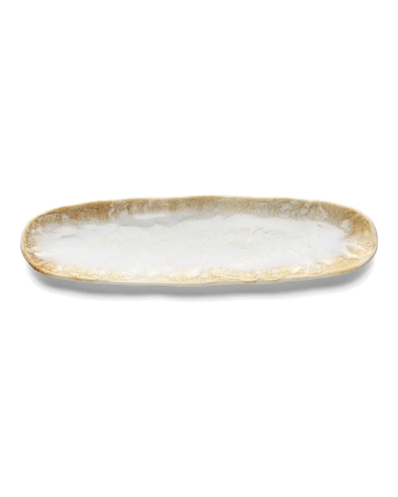 The Da Rocha Oval Platter Keramik-Servierplatte von Bazar Bizar, Größe 40 × 11 × 2 cm, Weiß / Honig, Ansicht 2