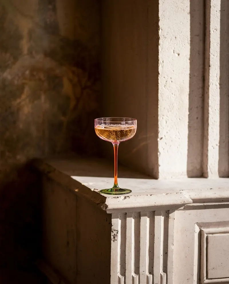The Trio-Tone Coupe Trinkglas aus Recyclingglas von Bazar Bizar, Größe 10 × 10 × 17 cm, Grün / Bernstein / Violett, Ansicht 2
