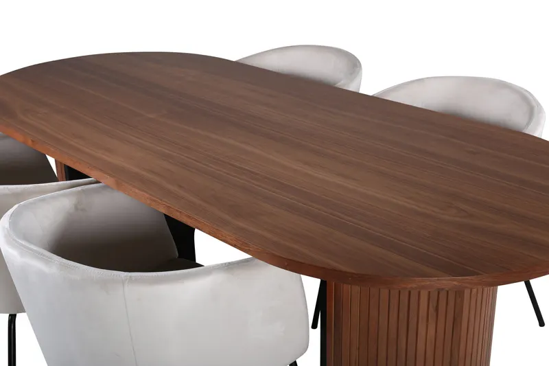 Bianca & Berit Essgruppe mit ovalem Esstisch und 4 gepolsterten Stühlen in Walnuss, Beige, Gestell Schwarz, Ansicht 3