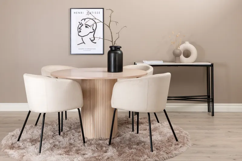 Bianca & Berit Essgruppe mit rundem Esstisch und 4 gepolsterten Stühlen in Whitewash, Beige, Gestell Schwarz, im Wohnraum, Ansicht 1