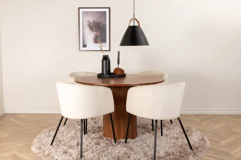 Bianca & Berit Essgruppe mit rundem Esstisch und 4 gepolsterten Stühlen in Walnuss, Beige, Gestell Schwarz, im Wohnraum, Ansicht 1