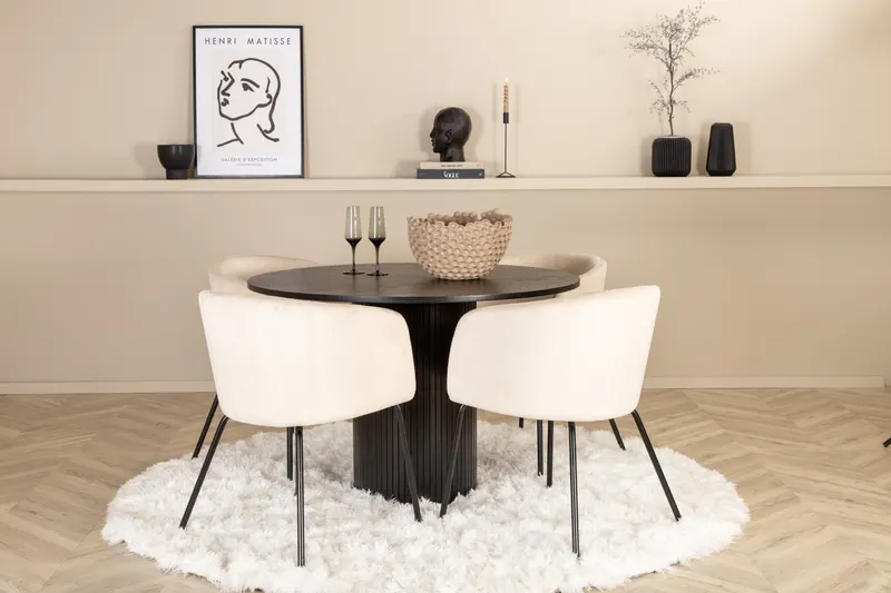 Bianca & Berit Essgruppe mit rundem Esstisch und 4 gepolsterten Stühlen in Schwarz, Beige, Gestell Schwarz, im Wohnraum, Ansicht 1