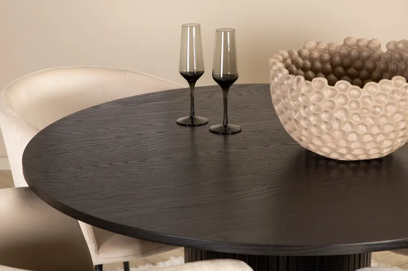 Bianca & Berit Essgruppe mit rundem Esstisch und 4 gepolsterten Stühlen in Schwarz, Beige, Gestell Schwarz, im Wohnraum, Ansicht 5