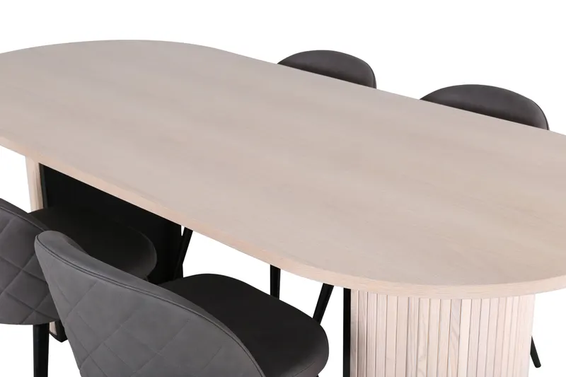 Bianca & Velvet Essgruppe mit ovalem Esstisch und vier Velvet Polsterstühlen in Whitewash, Grau, Gestell Schwarz, Ansicht 3