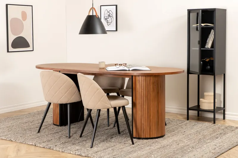 Bianca & Velvet Essgruppe mit ovalem Esstisch und vier Velvet Polsterstühlen in Walnuss, Beige, Gestell Schwarz, im Wohnraum, Ansicht 2