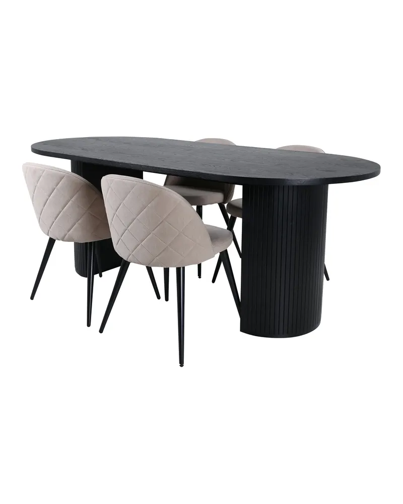 Bianca & Velvet Essgruppe mit ovalem Esstisch und vier Velvet Polsterstühlen in Schwarz, Beige, Gestell Schwarz, Ansicht 1