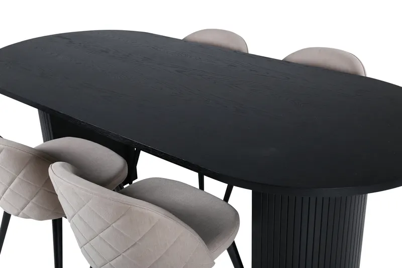 Bianca & Velvet Essgruppe mit ovalem Esstisch und vier Velvet Polsterstühlen in Schwarz, Beige, Gestell Schwarz, Ansicht 3