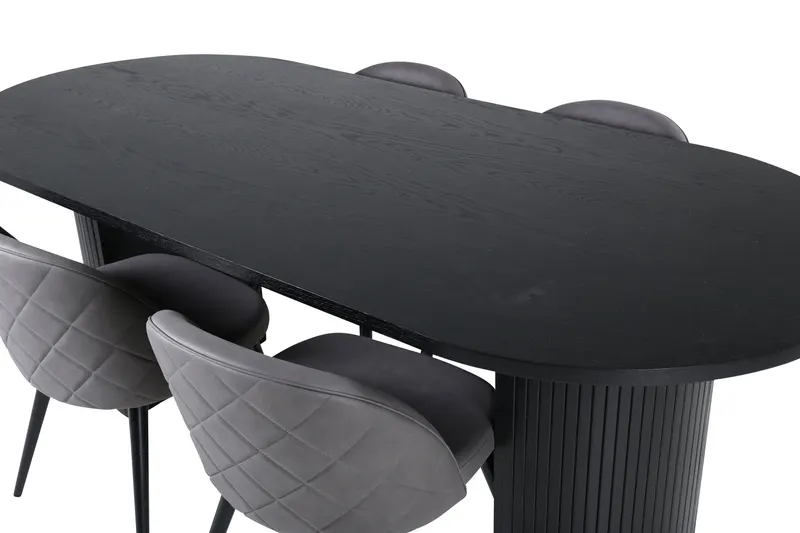 Bianca & Velvet Essgruppe mit ovalem Esstisch und vier Velvet Polsterstühlen in Schwarz, Grau, Gestell Schwarz, Ansicht 3