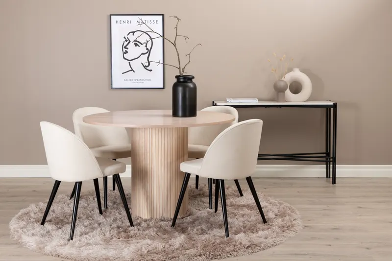 Bianca & Velvet Essgruppe mit rundem Esstisch und vier Velvet Polsterstühlen in Whitewash, Beige, Gestell Schwarz, im Wohnraum, Ansicht 1