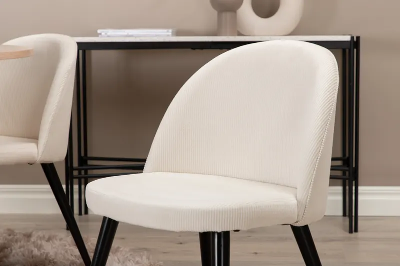 Bianca & Velvet Essgruppe mit rundem Esstisch und vier Velvet Polsterstühlen in Whitewash, Beige, Gestell Schwarz, im Wohnraum, Ansicht 6