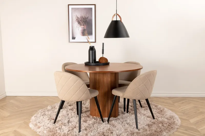 Bianca & Velvet Essgruppe mit rundem Esstisch und vier Velvet Polsterstühlen in Walnuss, Beige, Gestell Schwarz, im Wohnraum, Ansicht 1