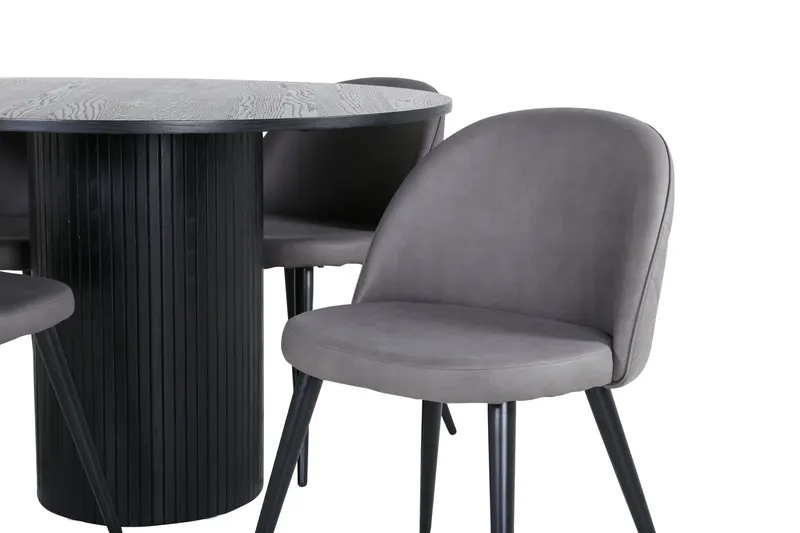Bianca & Velvet Essgruppe mit rundem Esstisch und vier Velvet Polsterstühlen in Schwarz, Grau, Gestell Schwarz, Ansicht 4